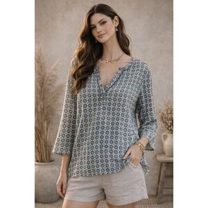 Paper Dolls Womens XL Blue Geometric Tile Print Split V-Neck 3/4 Sleeve Blouse